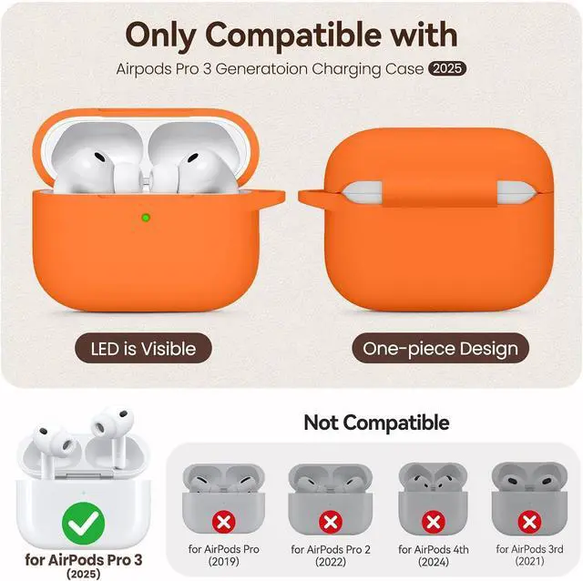 Alt view image 2 of 7 - for AirPods Pro 3 Case (2025),Soft Silicone Protective Cover Compatible with Apple AirPods Pro 3rd Generation Case with Cleaning Kit for Women Men,Air pods Pro Accessories with Keychain,Orange
