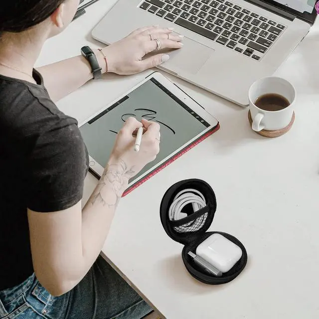 Alt view image 6 of 7 - Round Earbud Case Portable EVA Carrying Case Storage Bag Cell Phone Accessories Organizer with Carabiner for Earphone, Earbud, Earpieces, SD Memory Card, Camera Chips,Black