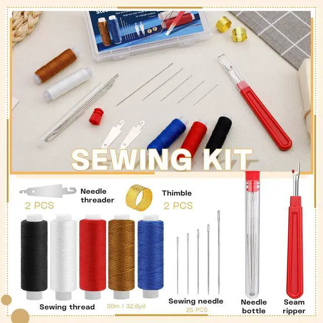 Alt view image 2 of 7 - SHWAKK 37 PCS Travel Sewing Kit, Big Eye Steel Sewing Needle Threader Kit | Steels Needle for Hand Sewing with Thimble, Threader, Seam Rippers for Beginner Traveler and Clothing Repair