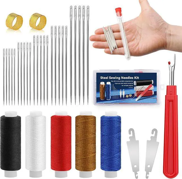 Main image of SHWAKK 37 PCS Travel Sewing Kit, Big Eye Steel Sewing Needle Threader Kit | Steels Needle for Hand Sewing with Thimble, Threader, Seam Rippers for Beginner Traveler and Clothing Repair