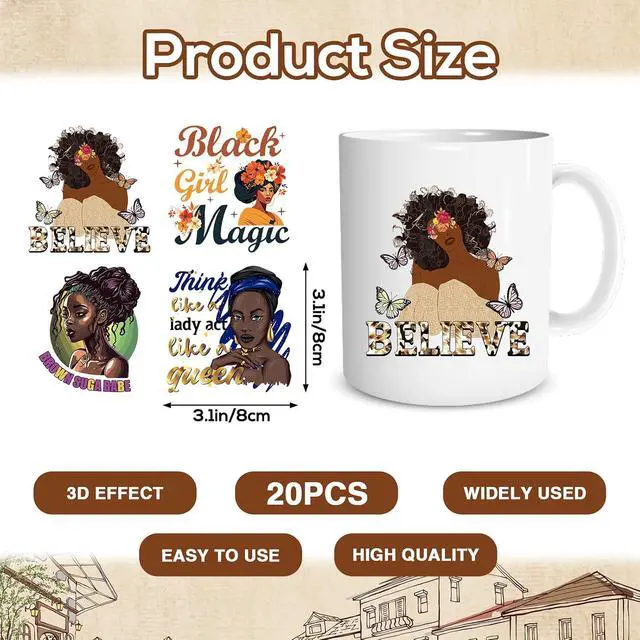 Alt view image 2 of 6 - 20 Sheets African American Women UV DTF Cup Wrap Transfer Sticker | Black Women Affirmation UVDTF Wraps, Waterproof Transfer Decals, for 16oz Glass Cups Mug Tumblers, Strong Adhesion