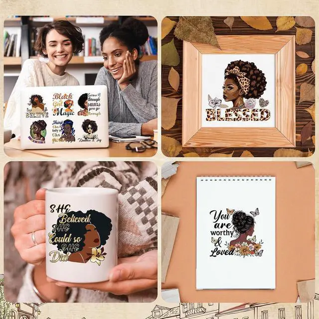Alt view image 5 of 6 - 20 Sheets African American Women UV DTF Cup Wrap Transfer Sticker | Black Women Affirmation UVDTF Wraps, Waterproof Transfer Decals, for 16oz Glass Cups Mug Tumblers, Strong Adhesion
