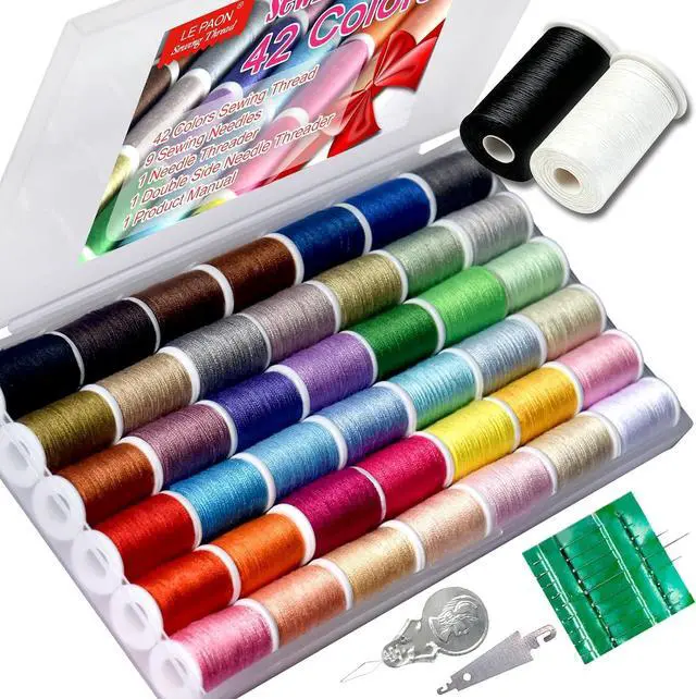 Main image of All Purpose Sewing Thread Set - 42 Assorted Rainbow Color Series and White Black Handy Polyester Thread Kit Includes 9 Hand Needles, 2 Needle Threaders, Suitable for Hand and Machine Sewing