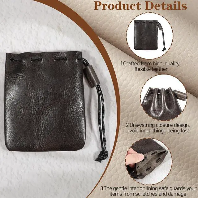 Alt view image 3 of 7 - TIESOME 1 Pcs Leather Pouches, Drawstring Cowhide Bag, Small Waterproof Vintage Leather Pouch for Earphone Jewelry(Dark Brown)