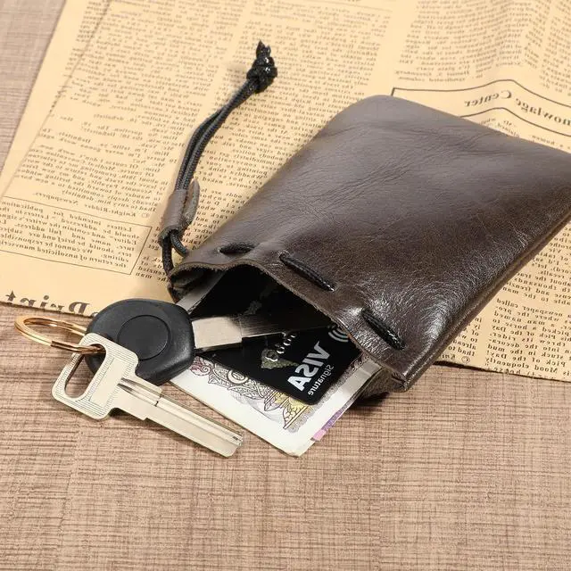Alt view image 5 of 7 - TIESOME 1 Pcs Leather Pouches, Drawstring Cowhide Bag, Small Waterproof Vintage Leather Pouch for Earphone Jewelry(Dark Brown)