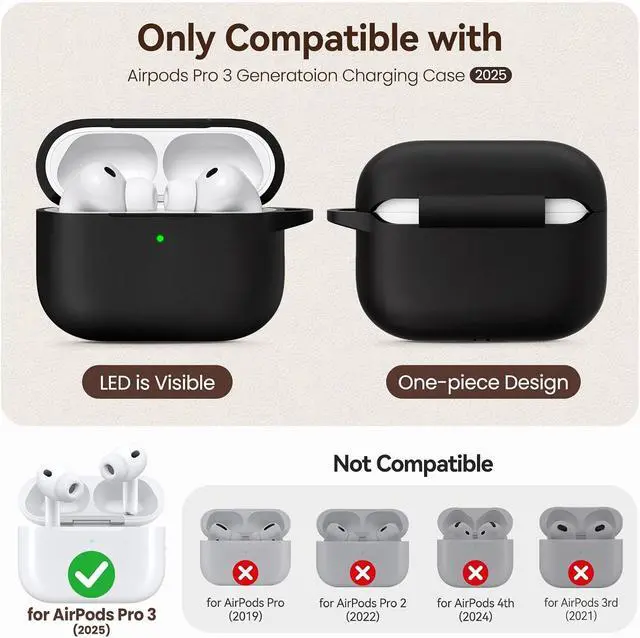 Alt view image 2 of 7 - for AirPods Pro 3 Case (2025),Soft Silicone Protective Cover Compatible with Apple AirPods Pro 3rd Generation Case with Cleaning Kit for Women Men,Air pods Pro Accessories with Keychain,Black