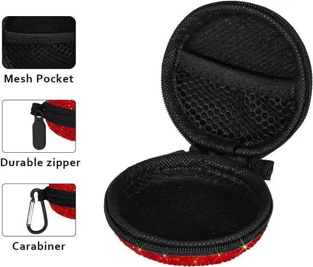 Alt view image 4 of 7 - SAVORI Earphone Case Earbuds Small Carrying Cases Bling Rhinestone Crystal Portable Headphone Organizer Storage Pouch Bag with Carabiner 1 Pack (Red)