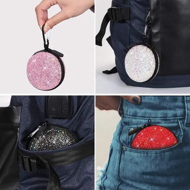 Alt view image 6 of 7 - SAVORI Earphone Case Earbuds Small Carrying Cases Bling Rhinestone Crystal Portable Headphone Organizer Storage Pouch Bag with Carabiner 1 Pack (Red)