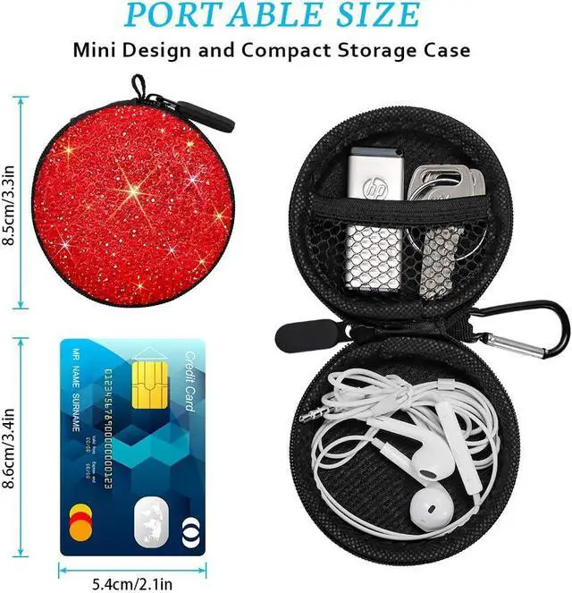 Alt view image 3 of 7 - SAVORI Earphone Case Earbuds Small Carrying Cases Bling Rhinestone Crystal Portable Headphone Organizer Storage Pouch Bag with Carabiner 1 Pack (Red)