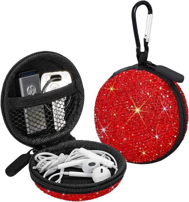 Main image of SAVORI Earphone Case Earbuds Small Carrying Cases Bling Rhinestone Crystal Portable Headphone Organizer Storage Pouch Bag with Carabiner 1 Pack (Red)