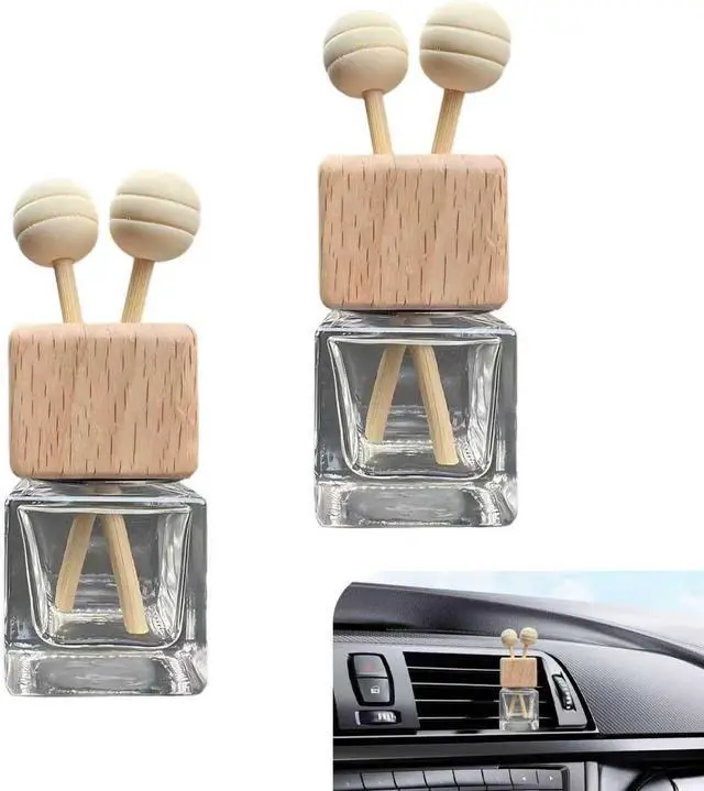 Main image of 2 PCS Car Diffuser Air Freshener Bottles, Refillable Empty Glass Essential Oil Diffuser Vent Clip & Wooden Caps Sticks, Universal Aromatherapy Diffusers for Most Vehicles (Square)