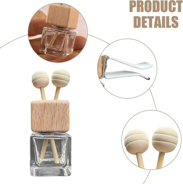Alt view image 3 of 7 - 2 PCS Car Diffuser Air Freshener Bottles, Refillable Empty Glass Essential Oil Diffuser Vent Clip & Wooden Caps Sticks, Universal Aromatherapy Diffusers for Most Vehicles (Square)
