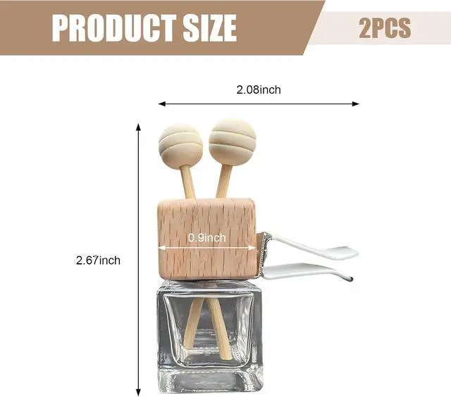 Alt view image 2 of 7 - 2 PCS Car Diffuser Air Freshener Bottles, Refillable Empty Glass Essential Oil Diffuser Vent Clip & Wooden Caps Sticks, Universal Aromatherapy Diffusers for Most Vehicles (Square)