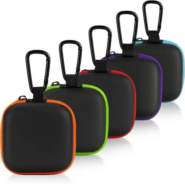 Main image of 5-Pack Portable Square Earbud Carrying Cases Multi-Color EVA+PU Leather Storage Bags with Carabiner for Earphones, SD Cards & Small Accessories