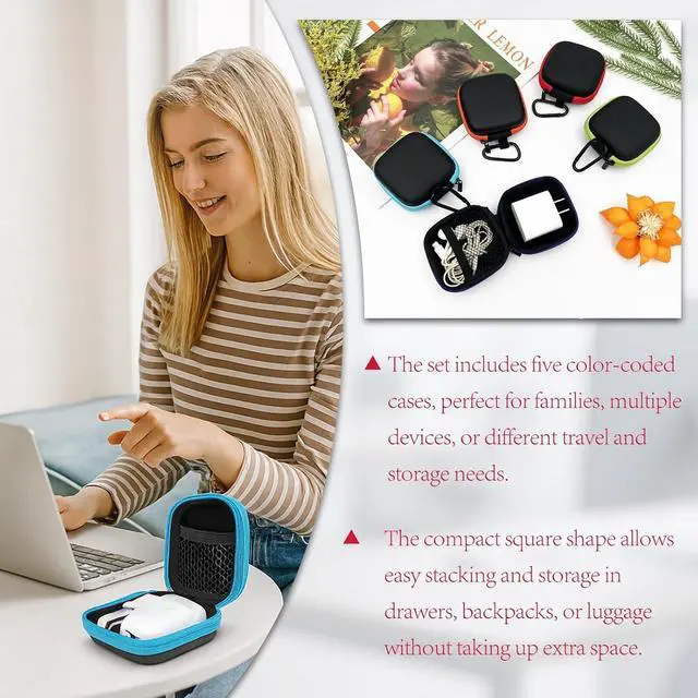 Alt view image 5 of 7 - 5-Pack Portable Square Earbud Carrying Cases Multi-Color EVA+PU Leather Storage Bags with Carabiner for Earphones, SD Cards & Small Accessories