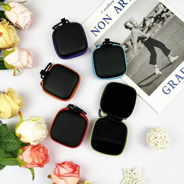 Alt view image 7 of 7 - 5-Pack Portable Square Earbud Carrying Cases Multi-Color EVA+PU Leather Storage Bags with Carabiner for Earphones, SD Cards & Small Accessories