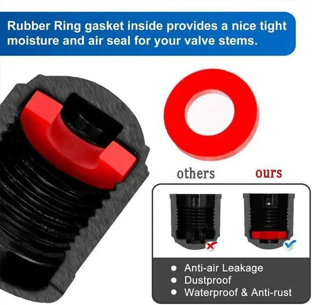 Alt view image 3 of 7 - 16 Pcs Tire Valve Stem Caps Upgraded Version with Sealing Ring for Car, Motorbike, Truck, Bike (Black)
