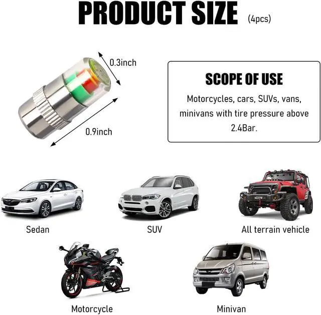 Alt view image 2 of 6 - Yourkar 4 PCS Tire Pressure Monitor Valve Stem Caps, 2.4Bar 36PSI Car Tire Pressure Monitor Sensor Indicator with 3-Color Eye Alert, Universal Valve Stem Caps for Cars (Silver)