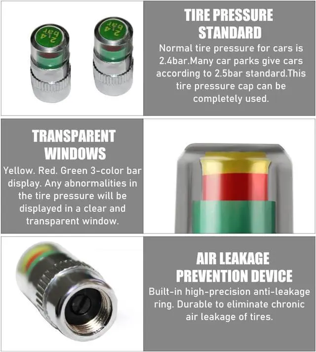 Alt view image 4 of 6 - Yourkar 4 PCS Tire Pressure Monitor Valve Stem Caps, 2.4Bar 36PSI Car Tire Pressure Monitor Sensor Indicator with 3-Color Eye Alert, Universal Valve Stem Caps for Cars (Silver)