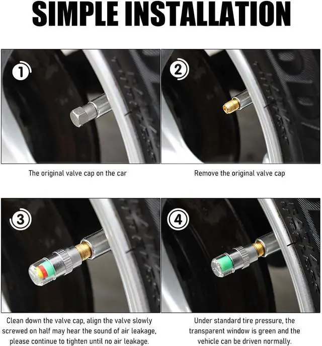 Alt view image 6 of 6 - Yourkar 4 PCS Tire Pressure Monitor Valve Stem Caps, 2.4Bar 36PSI Car Tire Pressure Monitor Sensor Indicator with 3-Color Eye Alert, Universal Valve Stem Caps for Cars (Silver)