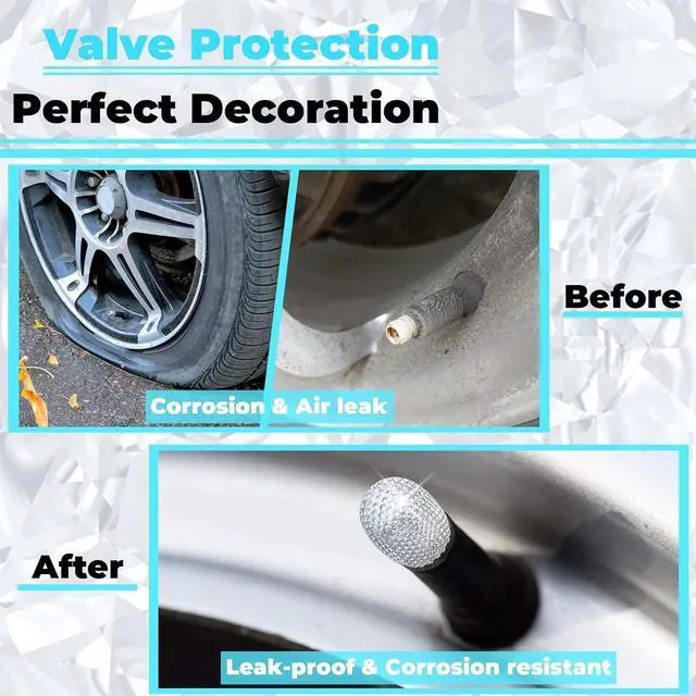 Alt view image 4 of 7 - 4Pcs Car Tire Valve Stem Caps Black Bling Tire Air Cap Car Accessories | Universal Stem Covers, Plastic Liner Corrosion Resistant Tires Valve Cap with O Rubber Ring,Crystal Diamond