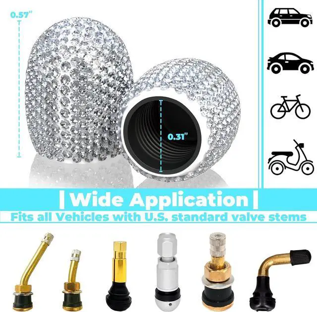 Alt view image 3 of 7 - 4Pcs Car Tire Valve Stem Caps Black Bling Tire Air Cap Car Accessories | Universal Stem Covers, Plastic Liner Corrosion Resistant Tires Valve Cap with O Rubber Ring,Crystal Diamond