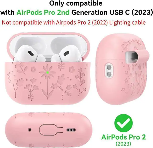 Alt view image 2 of 7 - Compatible with AirPods Pro 2 Case USB C, Flower Engraved Cute Silicone Protective Case Cover for Airpods Pro 2nd Generation with Cleaner Kit and Lanyard for Women Girls (Pink)