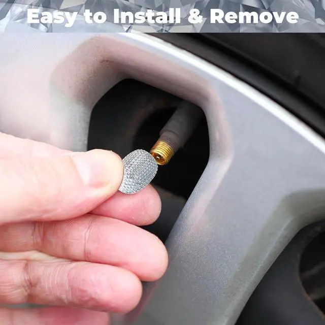 Alt view image 5 of 7 - 4Pcs Car Tire Valve Stem Caps Black Bling Tire Air Cap Car Accessories | Universal Stem Covers, Plastic Liner Corrosion Resistant Tires Valve Cap with O Rubber Ring,Crystal Diamond