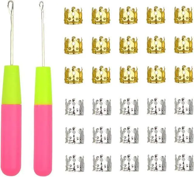 Main image of 2 Pcs Hair Braiding Tools Set, Latch Hook Crochet Needles with 30 Pcs Metal Hair Braiding Decoration Rings for Hair Extensions, Braids and Dreadlocks Styling