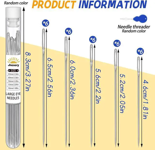 Alt view image 2 of 7 - JNENERY 30 PCS Large Eye Sewing Needles, 5 Size Hand Sewing Needles | Leather Embroidery Thread Needle, Stainless Steel Yarn Knitting Quilting Needle with Threader for Crafts, Repair
