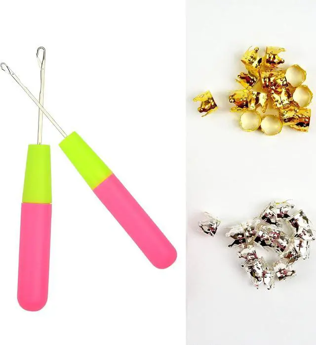 Alt view image 5 of 5 - 2 Pcs Hair Braiding Tools Set, Latch Hook Crochet Needles with 30 Pcs Metal Hair Braiding Decoration Rings for Hair Extensions, Braids and Dreadlocks Styling