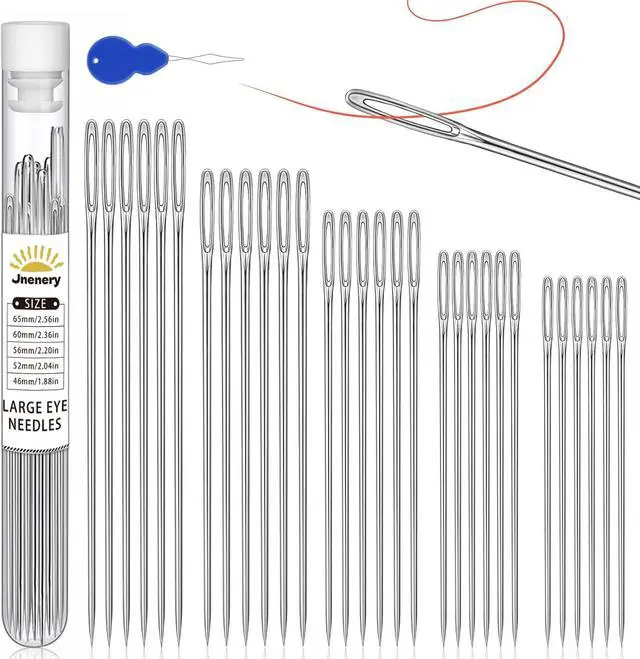 Main image of JNENERY 30 PCS Large Eye Sewing Needles, 5 Size Hand Sewing Needles | Leather Embroidery Thread Needle, Stainless Steel Yarn Knitting Quilting Needle with Threader for Crafts, Repair