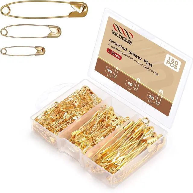 Main image of XKDOUS 150 Pack Safety Pins for Clothes 3 Universal Assorted Sizes, Gold | Small & Large Safety Pin, Strong Heavy Duty Sharp Edge Pins Bulk, Fasteners for Clothing, Sewing, Crafting