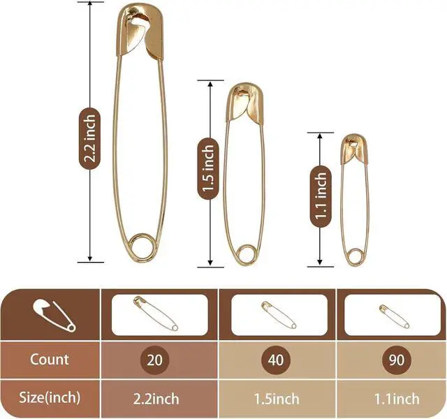 Alt view image 2 of 6 - XKDOUS 150 Pack Safety Pins for Clothes 3 Universal Assorted Sizes, Gold | Small & Large Safety Pin, Strong Heavy Duty Sharp Edge Pins Bulk, Fasteners for Clothing, Sewing, Crafting