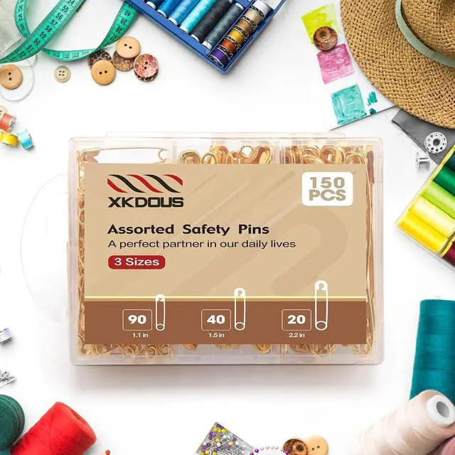 Alt view image 6 of 6 - XKDOUS 150 Pack Safety Pins for Clothes 3 Universal Assorted Sizes, Gold | Small & Large Safety Pin, Strong Heavy Duty Sharp Edge Pins Bulk, Fasteners for Clothing, Sewing, Crafting