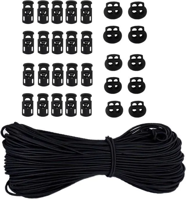 Main image of 30pcs Plastic Cord Locks with 1/8-Inch 50ft Elastic Cord Heavy Stretch Round String, 10Pcs Sing-Hole, 10pcs Double-Hole Spring Toggle Stopper Slider (3mm-Black)