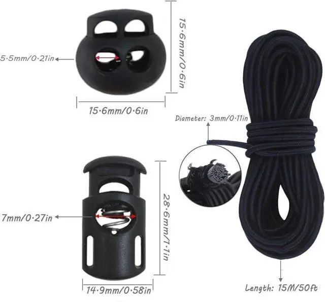 Alt view image 2 of 6 - 30pcs Plastic Cord Locks with 1/8-Inch 50ft Elastic Cord Heavy Stretch Round String, 10Pcs Sing-Hole, 10pcs Double-Hole Spring Toggle Stopper Slider (3mm-Black)