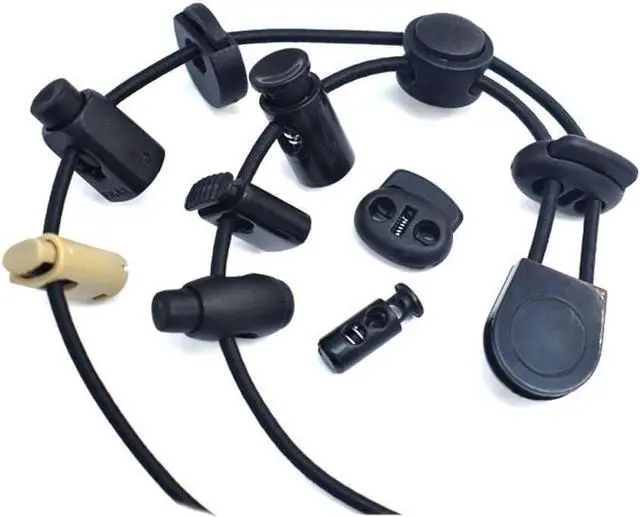 Alt view image 6 of 6 - 30pcs Plastic Cord Locks with 1/8-Inch 50ft Elastic Cord Heavy Stretch Round String, 10Pcs Sing-Hole, 10pcs Double-Hole Spring Toggle Stopper Slider (3mm-Black)