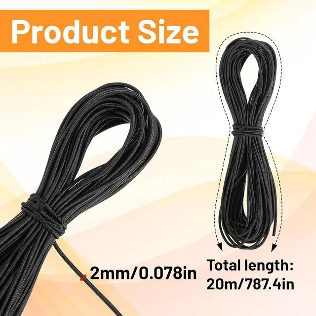 Alt view image 2 of 7 - 1/16 Inch (2mm) Black Elastic Cord, 65ft Heavy Duty Round Elastic Shock Cord Nylon Stretch String Bungee Rope Kayak Stretch String Rope for DIY Crafting Sewing, Luggage, Camping, Tie Downs
