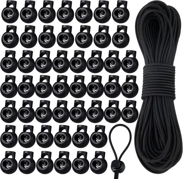 Main image of Patelai 50 Pieces Cord Locks Spring Toggles Stoppers Plastic Single Hole End Stopper Slider and 1/8 Inch 66 Feet Elastic Bungee Cord for Drawstring Shoelaces Clothing Bags(Black, Round Style)