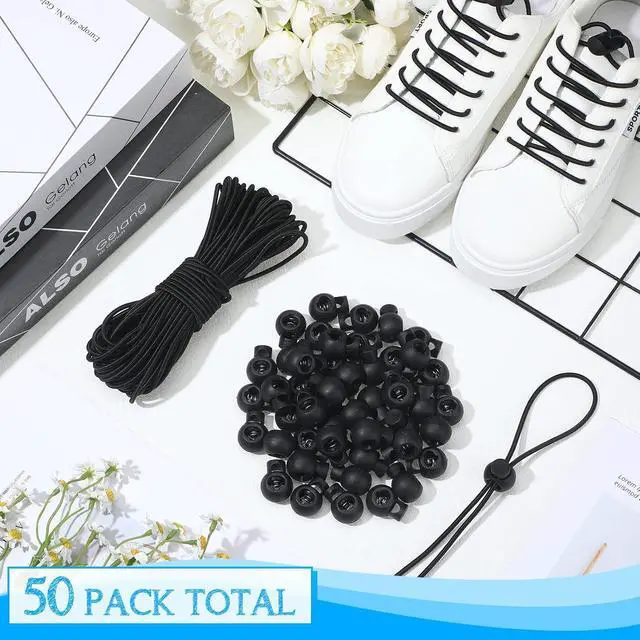 Alt view image 2 of 7 - Patelai 50 Pieces Cord Locks Spring Toggles Stoppers Plastic Single Hole End Stopper Slider and 1/8 Inch 66 Feet Elastic Bungee Cord for Drawstring Shoelaces Clothing Bags(Black, Round Style)