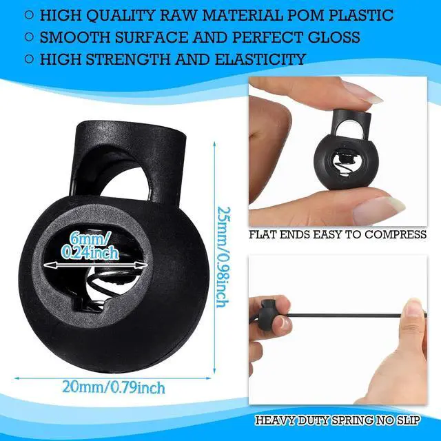 Alt view image 5 of 7 - Patelai 50 Pieces Cord Locks Spring Toggles Stoppers Plastic Single Hole End Stopper Slider and 1/8 Inch 66 Feet Elastic Bungee Cord for Drawstring Shoelaces Clothing Bags(Black, Round Style)