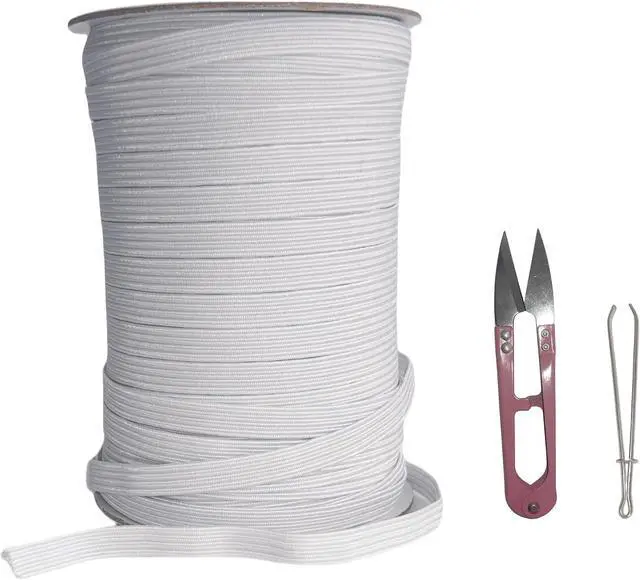 Main image of 1/4 Inch White Elastic Band 50 Yards High Stretchy Flat Elastic Cord for Sewing & Crafts | Includes Sewing Scissors & Elastic Threader Tool