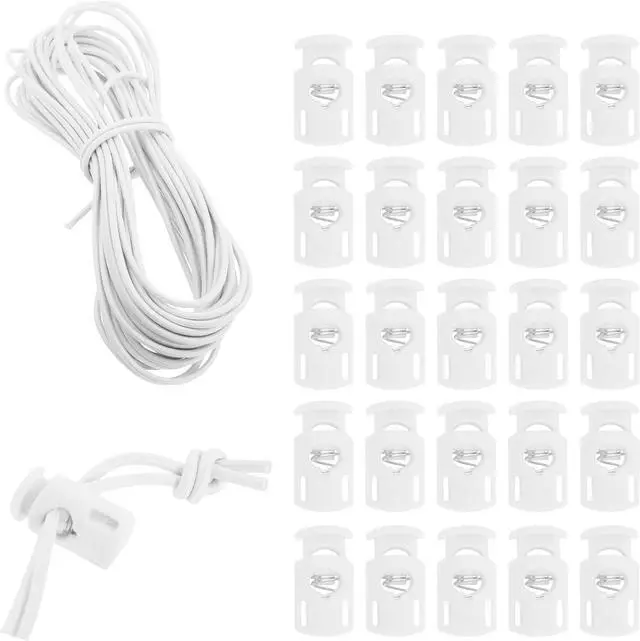 Main image of Mandala Crafts White Shock Cord & Cord Locks for Elastic Drawstrings | 10 YDs Bungee String, 25 Spring Toggle Clips, End Stopper Clamps, for Shoelaces, Paracord, Jackets, Hoodies, Backpacks