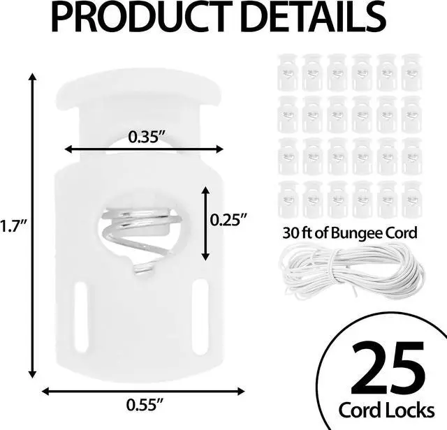 Alt view image 3 of 7 - Mandala Crafts White Shock Cord & Cord Locks for Elastic Drawstrings | 10 YDs Bungee String, 25 Spring Toggle Clips, End Stopper Clamps, for Shoelaces, Paracord, Jackets, Hoodies, Backpacks