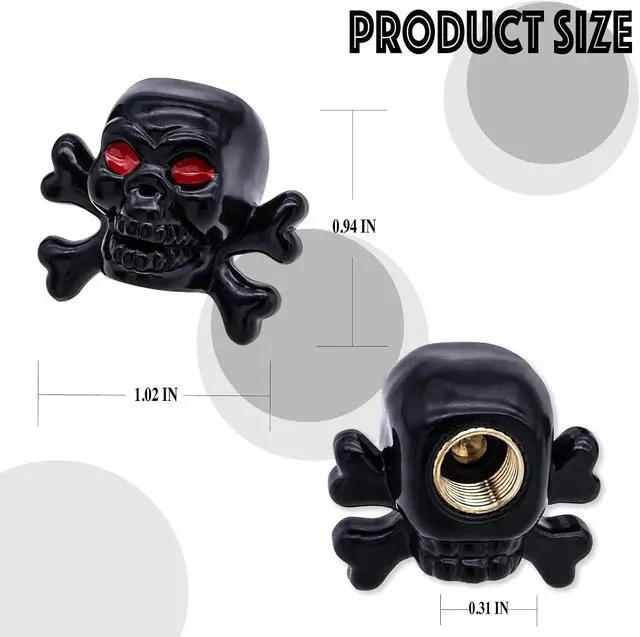 Alt view image 2 of 7 - 4PCS Skull Style Tire Valve Stem Caps, Dustproof Wheel Valve Covers Accessories, with Rubber O-Ring, Universal for Cars, SUVs, Bike, Bicycles,Trucks and Motorcycles (Black)