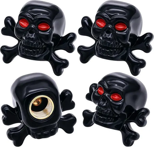Main image of 4PCS Skull Style Tire Valve Stem Caps, Dustproof Wheel Valve Covers Accessories, with Rubber O-Ring, Universal for Cars, SUVs, Bike, Bicycles,Trucks and Motorcycles (Black)