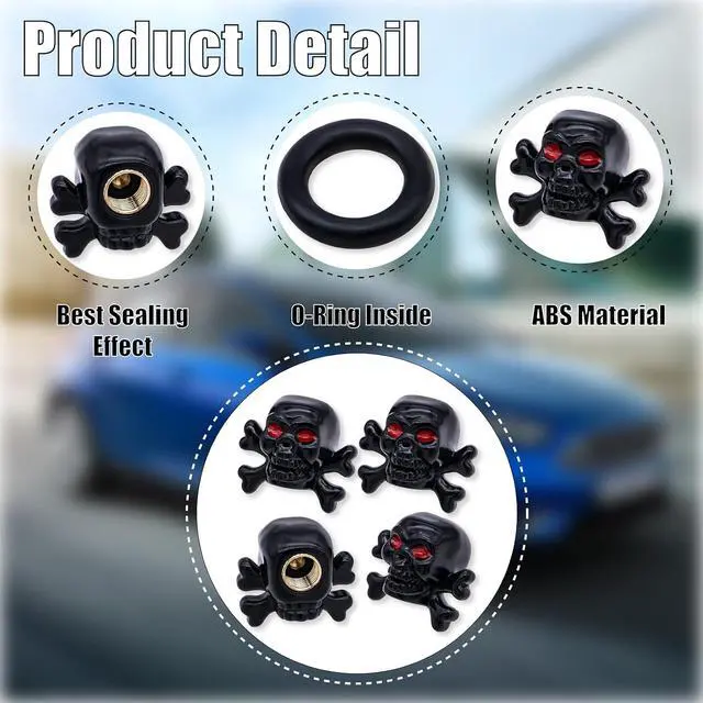 Alt view image 3 of 7 - 4PCS Skull Style Tire Valve Stem Caps, Dustproof Wheel Valve Covers Accessories, with Rubber O-Ring, Universal for Cars, SUVs, Bike, Bicycles,Trucks and Motorcycles (Black)