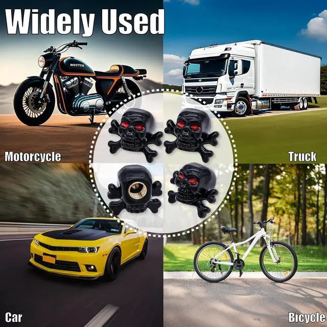 Alt view image 7 of 7 - 4PCS Skull Style Tire Valve Stem Caps, Dustproof Wheel Valve Covers Accessories, with Rubber O-Ring, Universal for Cars, SUVs, Bike, Bicycles,Trucks and Motorcycles (Black)