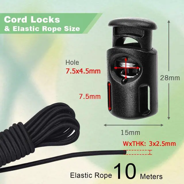 Alt view image 2 of 5 - 10 Meter 3mm(1/8Inch) Elastic Bungee Shock Cord Stretch String, 25 pcs Plastic Cord Locks Spring Toggle Stopper for Drawstring Backpack Shoelaces